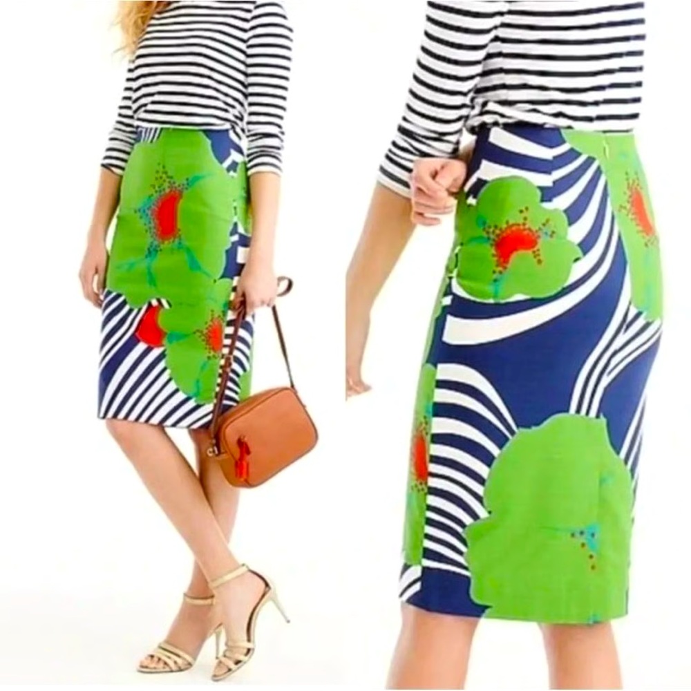J. Crew Art To Wear Ratti Floral Hibiscus Stripes Pencil Skirt Women’s Size 00